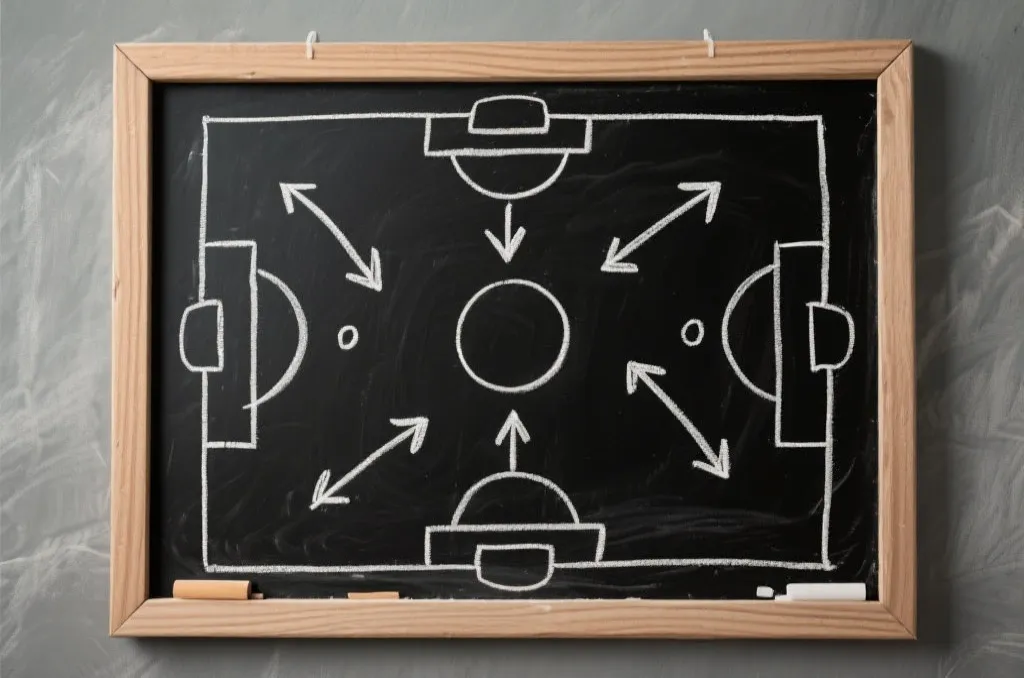 An abstract tactical soccer blackboard with chalk drawings of arrows and positions, emphasizing a strategic attacking plan