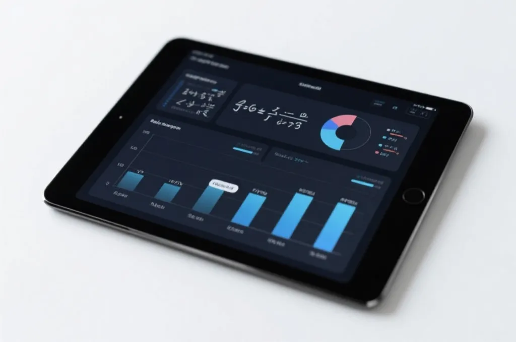 A modern digital dashboard on a tablet showing mathematical formulas and risk management charts, clean minimalist background, professional look